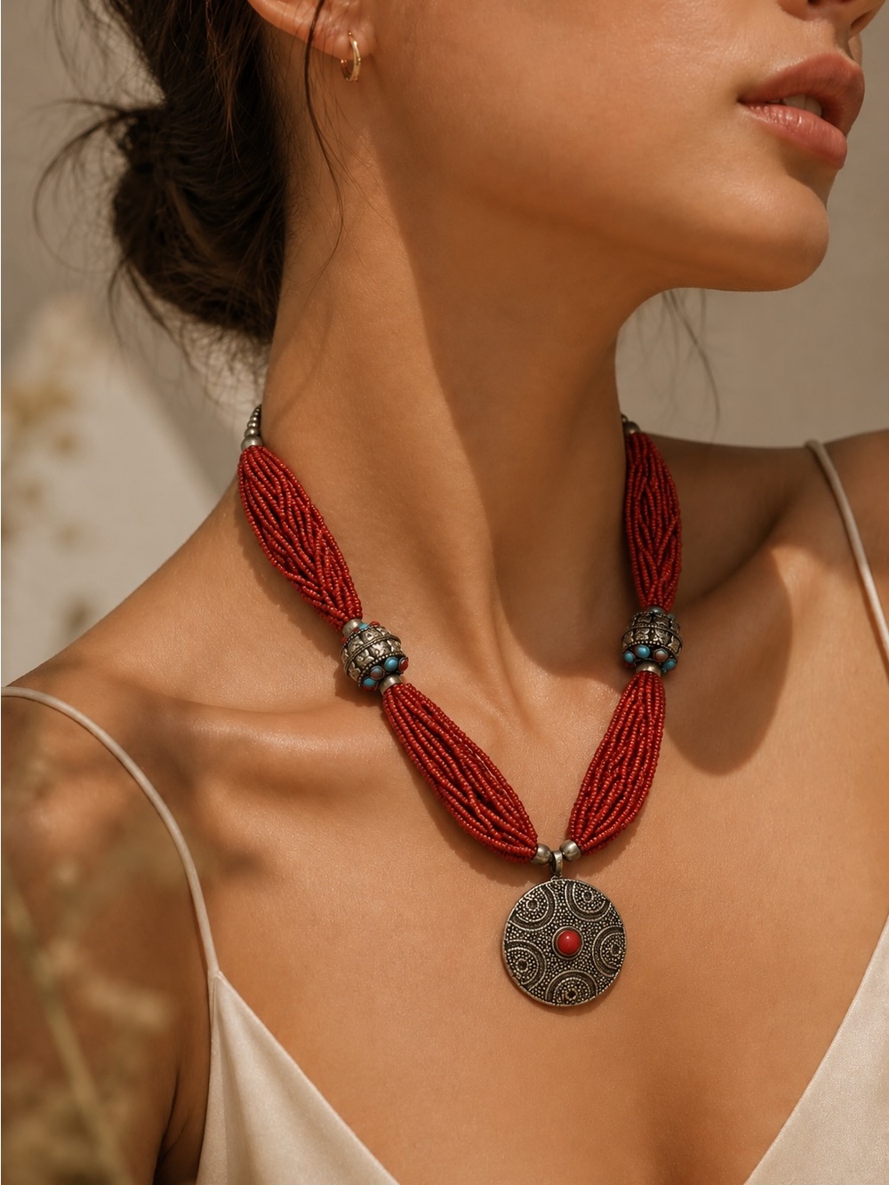 Boho Red Beaded Pendant Necklace